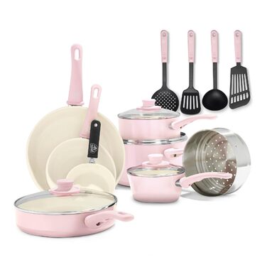 Набір посуду GreenLife Soft Grip Healthy Ceramic Antihaft, 16 предметів, рожевий: сковорода, каструля, сотейник, без PFAS, для індукції, посудомийна машина, духовка