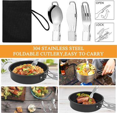 Набір посуду для кемпінгу Biliple 8-piece: каструля, сковорідка, газовa плитка, столові прибори для 1-2 осіб. Ідеально для пікніків, походів та кемпінгу.