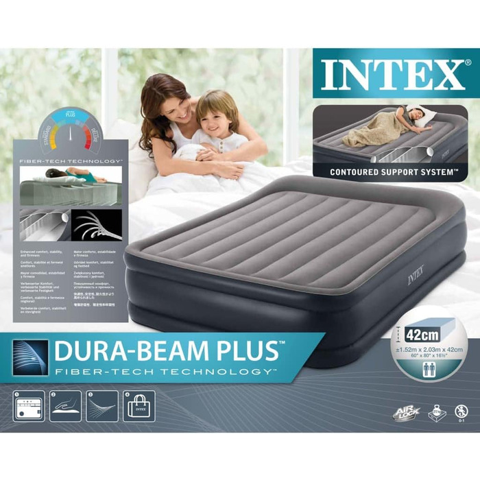 Надувний матрац Intex 64126 Essential Rest Dura-Beam Plus Queen сірий 230V - двоспальний матрац для дому та відпочинку