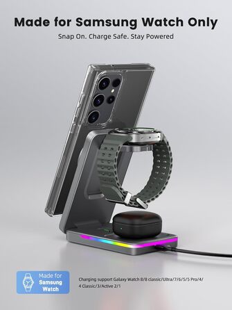 Магнітна бездротова зарядка 3-в-1 для Samsung Galaxy S26 Ultra, S25, Z Fold 7, Z Flip 7, Galaxy Watch Ultra/8/7/6 та Buds Pro 3 (Сірий)