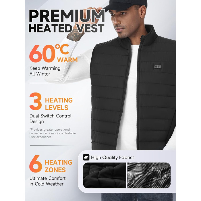 Обогріваючий жилет, жилет з підігрівом для жінок та чоловіків, тепла куртка з акумулятором, куртка з підігрівом з Powerbank, 7.4V/5.0V куртка з 3 рівнями налаштування температури, 6 зон обігріву, теплий жилет, зимова куртка, водонепроникний одяг з акумулятором, чорний - 10000mAh 5V Powerbank