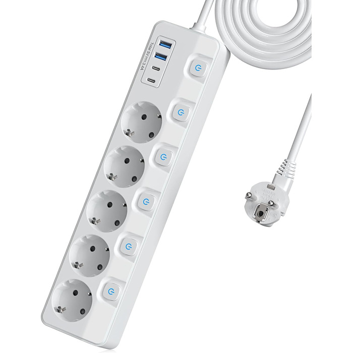Многорозеткова смуга з 5 розеток та 4 USB-портами швидкої зарядки, KEPLUG, захист від перенапруги, індивідуальне вмикання/вимикання, плоский штекер, настінний монтаж, для офісу, кухні, столу, білий