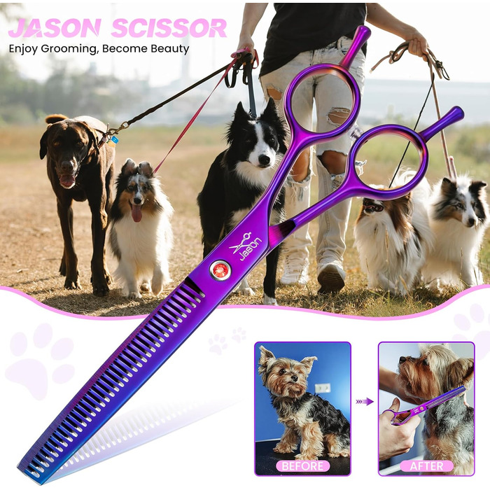 Професійна вигнута ножиця для собак JASON - 7,5' ножиця для грумінгу собак з японської нержавіючої сталі. Ножиці для догляду за шерстю собак та котів (вигнуті, фіолетові) (тонке розрідження)
