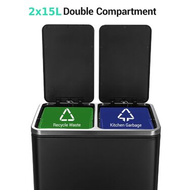 Відро для сміття LIFERUN з двома відсіками, 2 x 15 літрів, металеве, з м'яким закриттям кришки, знімний внутрішній відро, ручки, відро з педаллю, для квартири, маленької сім'ї (Чорний)