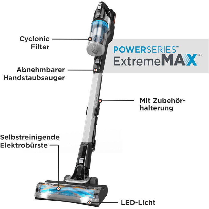 Бездротовий акумуляторний пилосос BLACK+DECKER POWERSERIES Extreme MAX BHFEB520D1 (18V, 2.0Ah, 4-в-1, без мішка, з електрощіткою та LED-підсвічуванням)