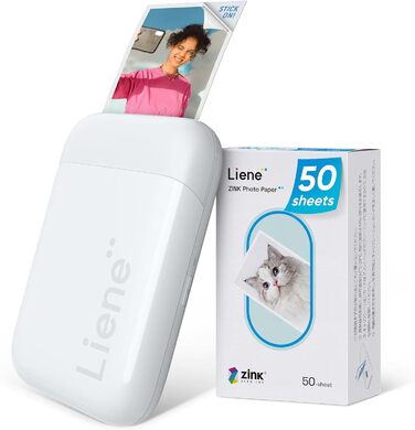 Liene Pearl K100 Mini Фотодрук для смартфонів (5x7 см) - комплект з 50 аркушам фотопаперу на клейкій основі, Bluetooth, 300 DPI, сумісний з iOS & Android, вбудований акумулятор, білий