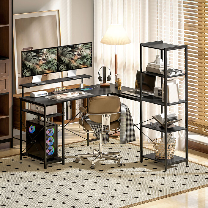 HOMCOM Desk, L-Shaped Computer Desk 137 x 140 x 139.5 cm Corner Desk with 6 Shelves, Office Desk with Monitor Stand, USB, Socket, for Home Office, Office, Black | Aosom