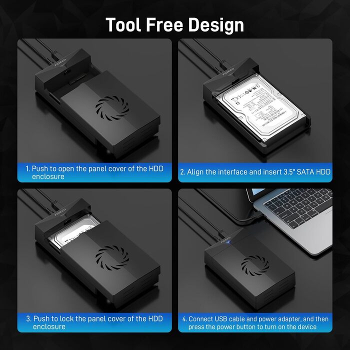 Док-станція FIDECO для HDD/SSD 2.5'' та 3.5'' SATA, USB 3.0 5Gbps, зовнішній корпус для жорстких дисків з вентилятором та підтримкою UASP