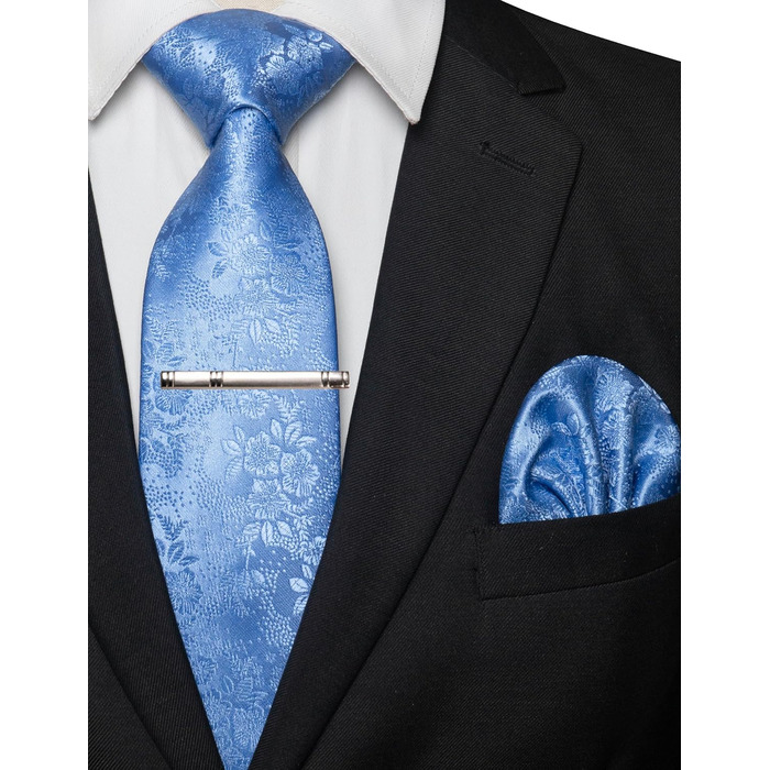 Чоловіча краватка та хустинка JEMYGINS з квітковим малюнком та затискачем для краватки (Небесно-блакитний/Волошковий)