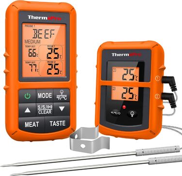 ThermoPro TP20 Цифровий термометр для м'яса з радіусом дії 150м. Бездротовий термометр для гриля, духовки та барбекю з 2 датчиками температури.