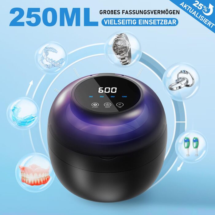Ультразвуковий очищувач для стоматології 50kHz, 250мл з УФ-лампою (6 ламп) для брекетів, кап, ретейнерів, зубних протезів, елайнерів та ювелірних виробів, чорний
