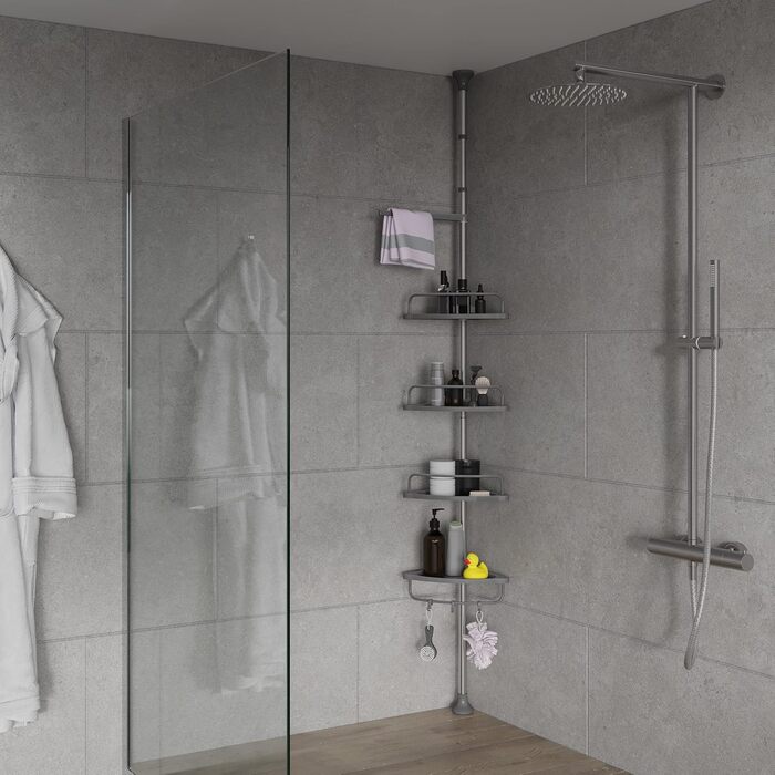 Stardis Telescopic Corner Shelf, Stainless Steel, Rust-Proof with 4 Shelves, Shower Shelf, Telescopic Shelf for Shower, Bathroom, Shower Shelf, Height Adjustable from 120-300 cm, Grey