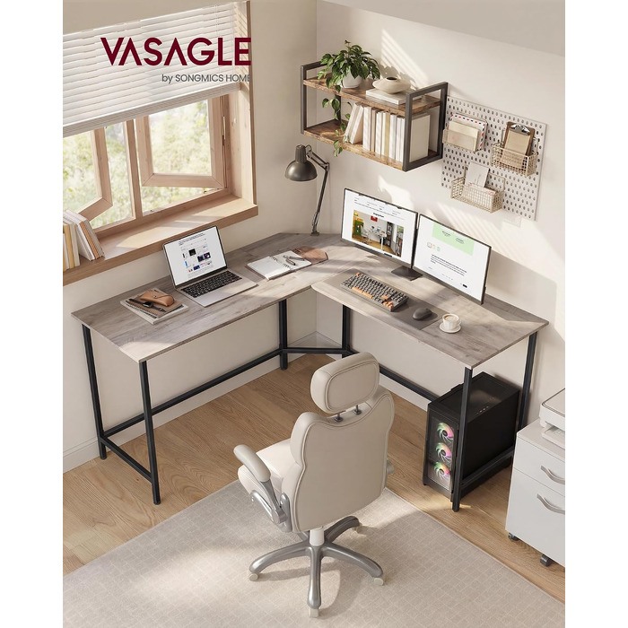 Кутовий письмовий стіл VASAGLE L-подібний комп'ютерний стіл, 140 x 140 x 74,7 см (колір: сіро-бежевий + чорний)