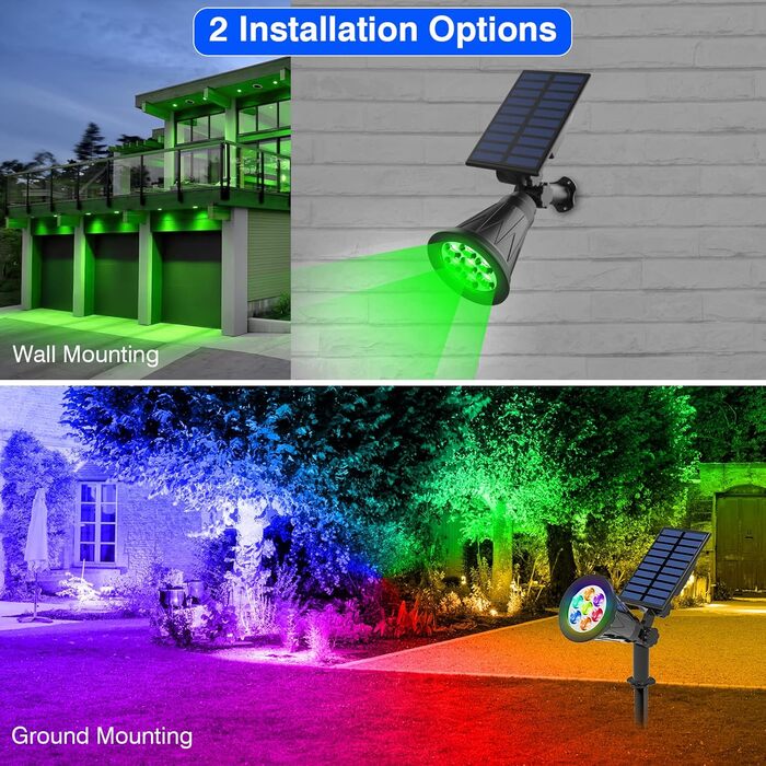 T-SUN LED Solar Spotlights, 2 Pack 4 LED Solar Garden Lights, Bright Garden Lights, 2 Lighting Modes, Safety Lighting, Large Outdoor Light for Lawn, Paths, Terrace (Cool White 6000K) (7led-rgb, 1 Piece)