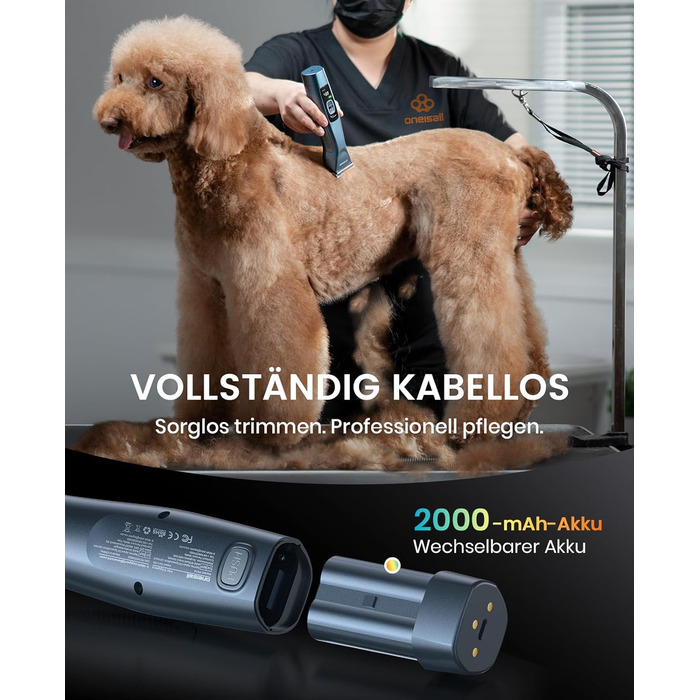Професійна машинка для стрижки собак Oneisall, 2 швидкості, для собак та котів, тиха, для густого, довгого та кучерявого хутра, з акумулятором, леза з вуглецевої сталі, блакитна