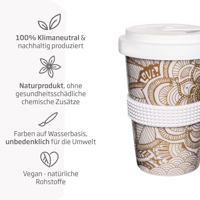 Mahlwerck Coffee-to-go Cup, Porcelain Coffee-to-go Cup with Leak-proof Lid, Design, Grey, 400ml (1 piece (1-pack), Gold)