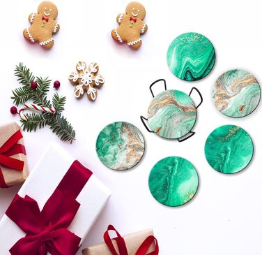 Dooke Coasters for Drinks, round, absorbent ceramic stone coasters with cork base, fun turquoise marble drink coasters