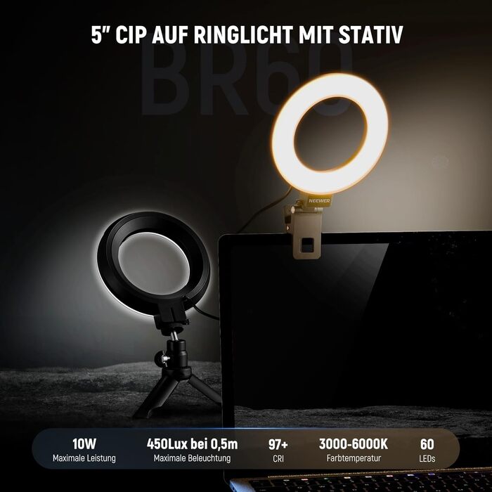 NEEWER Ring Light 5' з міні-штативом для відеоконференцій, стрімінгу та макіяжу. Комплект для монітора, веб-камери, ноутбука, смартфону. BR60