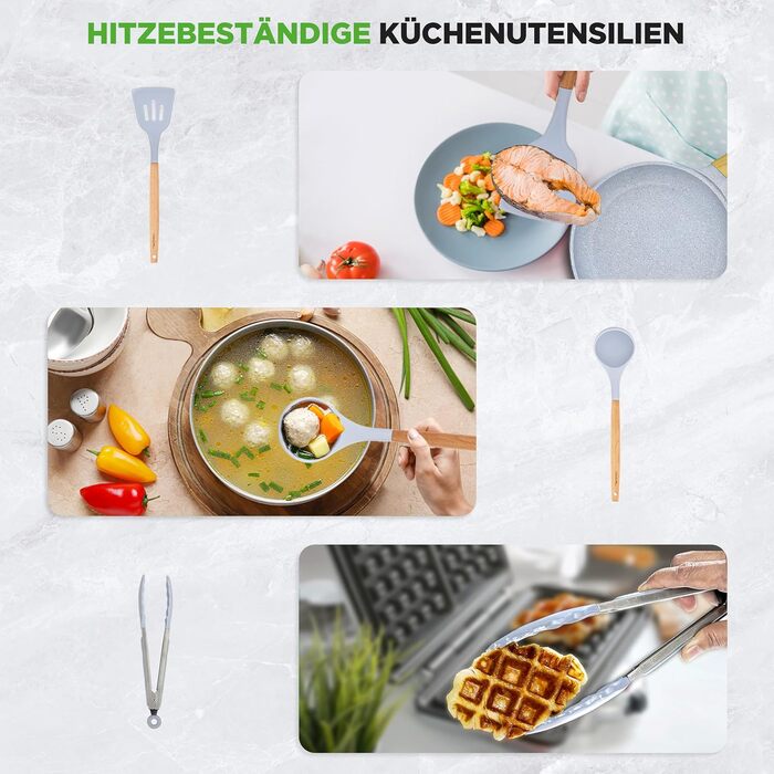 Набір посуду NutriChef 22 предмети антипригарний мармуровий блакитний – сковороди, каструлі, аксесуари для кухні, індукція, посудомийна машина