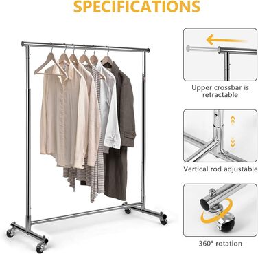 VOWNER Clothes Rack, Clothes Rail, Coat Rack, Rolling Garment Rack, Adjustable Height and Extendable, Adjustable Clothes Rod, (90-132) x 40 x (113-170) cm, Chrome-plated Metal