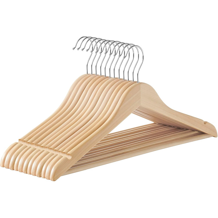 SONGMICS Wooden Clothes Hangers, 12-Piece Set, Wooden Hangers, Shoulder Indentations, Trouser Bar, Trouser Hanger, 360° Swivel Hook, for Jackets, Shirts, Coats, natural beige CRW010N12