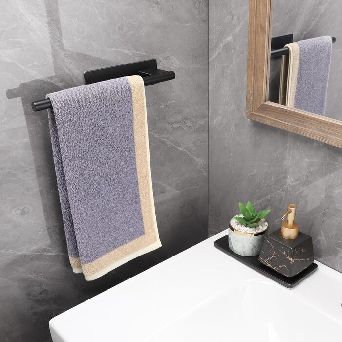 Тримач для рушників на клейкій основі без свердління, 28 см, нержавіюча сталь, срібляний (чорний, одноручний)