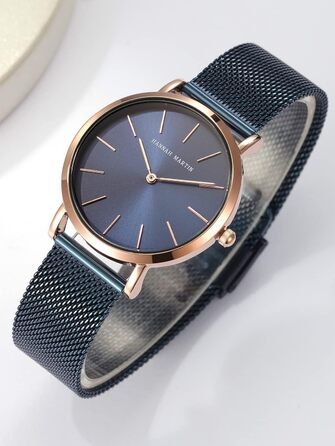 Годинник жіночий Hannah Martin, кварцовий, з нержавіючої сталі, водонепроникний, сітка, ультратонкий (блакитна поверхня, блакитний ремінець)