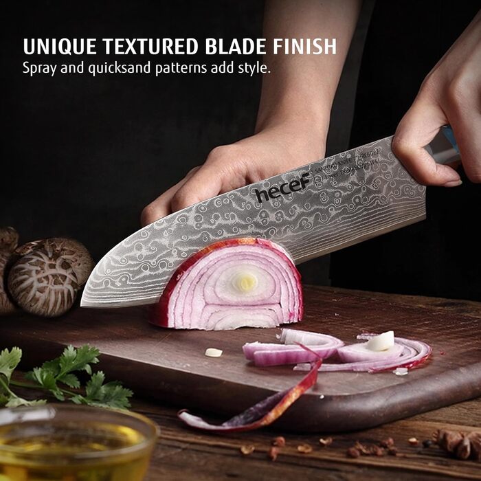 Японський ніж Hecef Damast з високоякісною ручкою з харчової смоли, 20 см. Професійний ніж для кухні з 67 шарів дамаської сталі, гострий, з захистом для леза. Ідеальний подарунок шеф-кухарю та поціновувачу кулінарії.