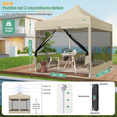 COBIZI Pavilion 3x3m Foldable, Waterproof & Winterproof (Khaki) – Stable Garden Tent with 23mm Steel Pipe, UV50+ and Mosquito Nets for Camping/Parties + Carrying Bag
