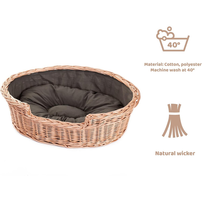 Wicker Dog Basket for Dog and Cat, Dog Bed, Cat Bed with Cushion, Pet Basket, Woven Cat Basket, 60x43 x H19 cm