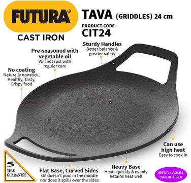 Чавунна тава HAWKINS Futura 24 см для роти, кухонний посуд, чорна, суцільнолитий чавунний корпус і ручка