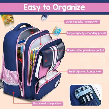 Шкільний рюкзак для хлопчика IvyH, 2-5 клас, 20 літрів. Ергономічний дитячий рюкзак для початкової школи, водонепроникний. Підходить для хлопчиків 8-12 років (темно-синій, рожевий)