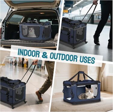 Складана переноска для котів 61 см з колесами - велика переноска для котів та маленьких собак, дихаюча та стійка для подорожей на авто (до 20 кг), морська синя