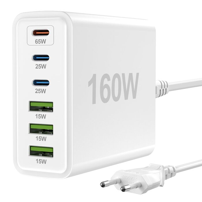 Зарядний пристрій USB 160W, 6 портів (USB-C, USB-A) - Швидка зарядка для ноутбука, смартфонів, iPad, навушників - Білий