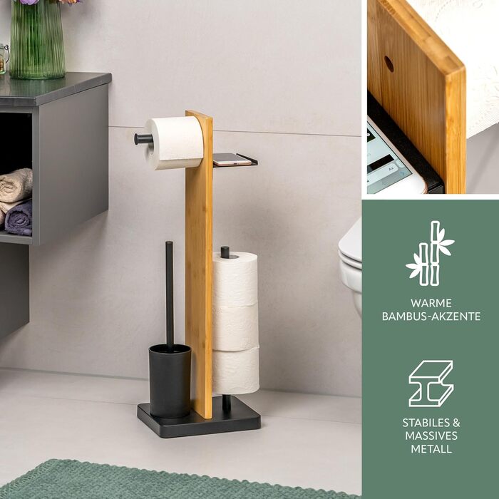 Набір для туалету Eluno Stand-WC 4в1: щітка, тримач туалетного паперу, полиця, бамбук/метал (чорний)