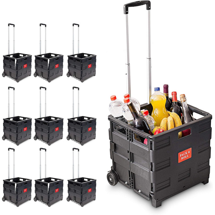 Relaxdays Shopping Trolley, Folding, Shopping Cart up to 35 kg, Adjustable Handle, With Wheels, HxWxD: approx. 100 x 42 x 37 cm, black (pack of 10)