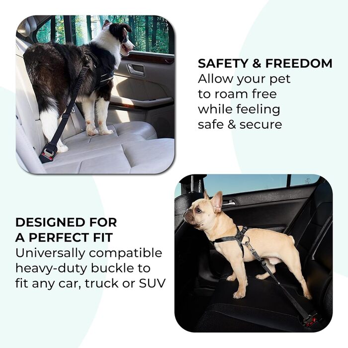Ремінь безпеки для собак у машину – набір 2 шт. з дорожнім мискою, еластичним гумовим реміннем, регульований, з поворотним механізмом 360° та функцією захисту від ударів для безпечної поїздки
