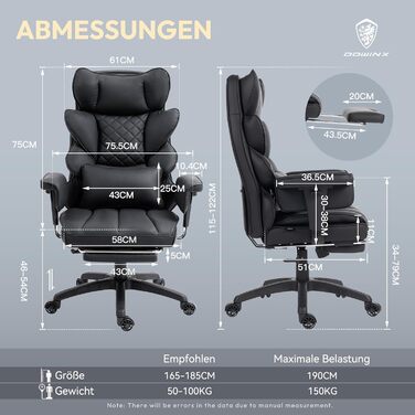 Ігровий крісло Dowinx, ергономічний офісний крісло з кишеньковим пружинним подушками, крісло для начальника з двошаровою м'якою спинкою та регульованою поперековою подушкою, підлокітниками та підставкою для ніг, PC крісло (Чорний, PU)