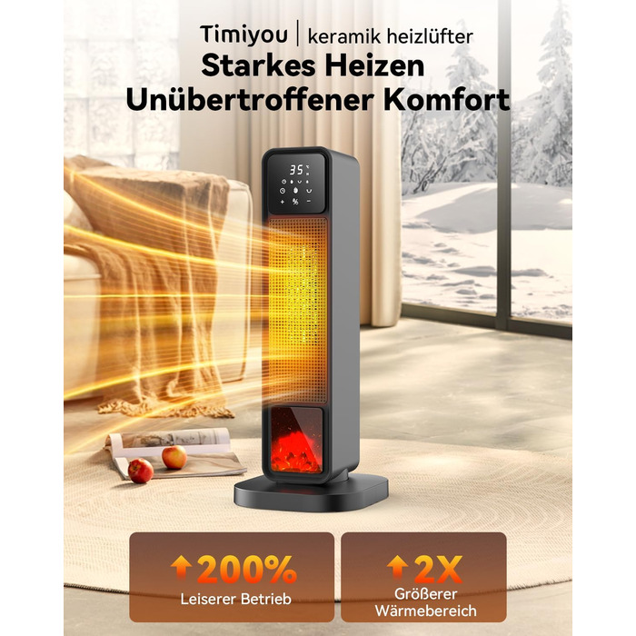 Ефективний енергозберігаючий обігрівач, 1500W PTC кераміка, 34 dB, термостат, таймер 12 год, захист від перегріву та перекидання, з пульт дистанційного керування (матовий чорний)