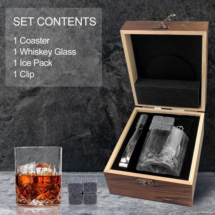 Набір склянок для віскі Ghazpmuk, набір кам'яних кульок для віскі, подарунок для чоловіка, набір для віскі з 4 кульками, 1 склянка, щипці для льоду, підставки, оксамитовий мішечок, для дня народження, на День батька