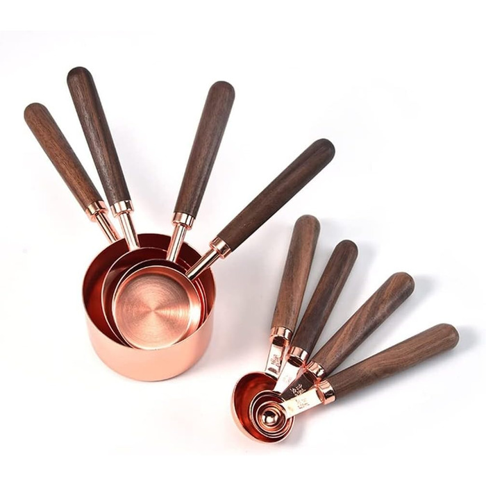 8-Piece Stainless Steel Measuring Spoon Set with Walnut Handle, Copper Measuring Cup Set for Baking and Cooking