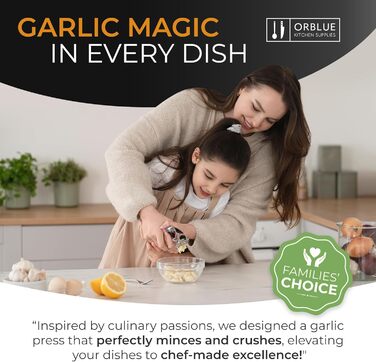 Пресс для часнику ORBLUE з нержавіючої сталі – преміум якість, з силіконовим очищувачем та щіткою, міцний та придатний для миття в посудомийній машині