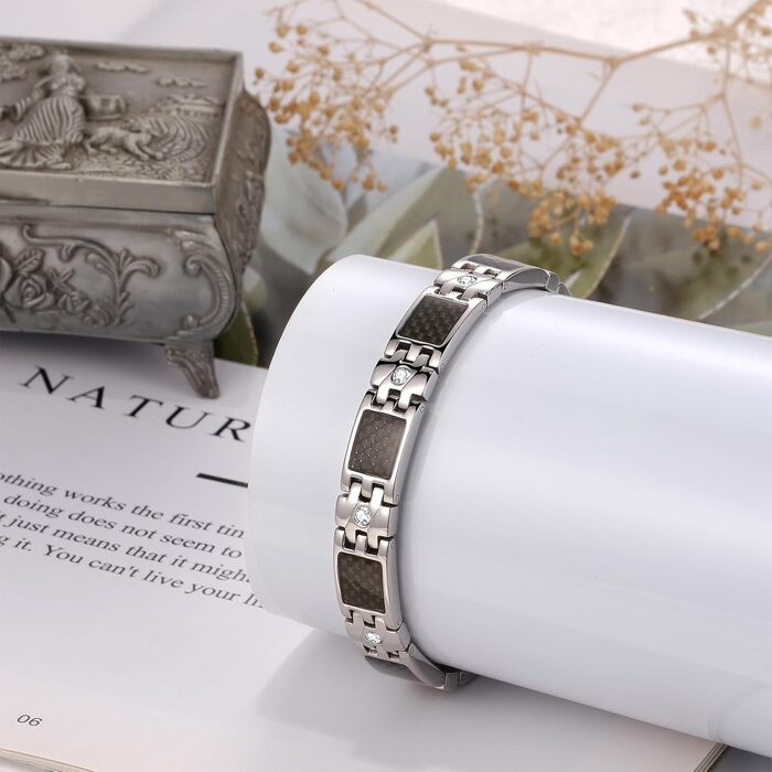 Чоловіче магнітне браслет JewelryWe з нержавіючої сталі, терапевтичний ефект, великий, масивний, з ланцюжком, для здоров'я, подарунок на День батька (вуглеволокно & цирконій, чорний/сріблястий)
