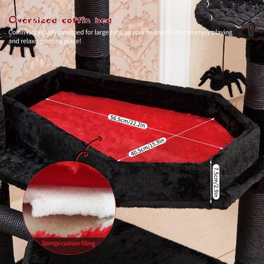Large Gothic Scratching Post, 140 cm tall, Scratching Post for Large Cats, Stable, XXL Cat Tree with 6 Thick Scratching Pillars, Spider Hanging Ball, Sargbett Platforms, Cave, Black Cat Tower Halloween