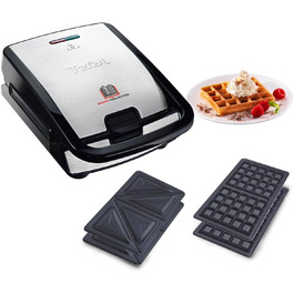 Tefal SW852D Snack Collection | Sandwich | Waffle Maker | Non-stick plates | Dishwasher safe | 700W | 37.01x29.01x21.01cm, Black/Silver Waffle Iron and Sandwich Toaster (2 plates) Single