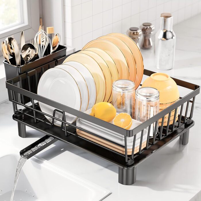 LIONONLY Dish Drainer Rack, Small Dish Drainer with Drip Bowl, Stainless Steel Dish Drainer with Drip Surface and Swivel Spout, Dish Drying Rack for Space-Saving