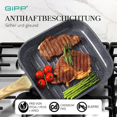 Сковорода-гриль GiPP 28x28 см з алюмінію з гранітним антипригарним покриттям для індукційних плит, без PFOA, універсальна, легка в догляді, сіра