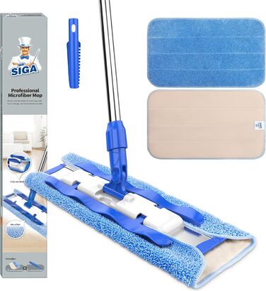 MR.SIGA Professional Microfiber Mop Floor Cleaner for Hardwood, Laminate, Tile Floors, Stainless Steel Handle, Includes 3 Reusable Microfiber Cloths and 1 Dirt Separator