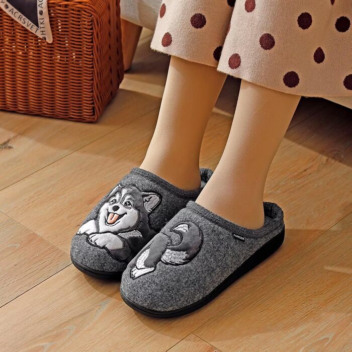 Тапочки додому для чоловіків та жінок з милим зображенням котів та собак, зимові теплі плюшеві з підкладкою з фетру (40/41 EU, сірі)