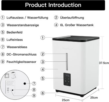 Зволожувач повітря 6L Top Fill, ультразвуковий, 1000 мл/год, автовимкнення, білий EH18S